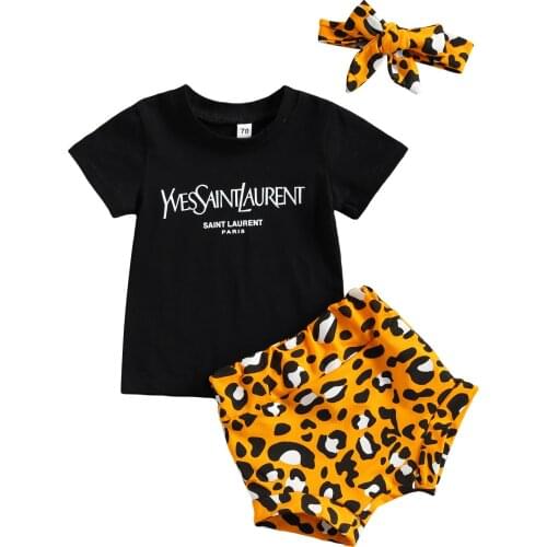 Citgeett Summer Infant Girls Clothes Fashion Letter Short Sleeve Tops and Leopard Wrapped Short Pants Headband Set