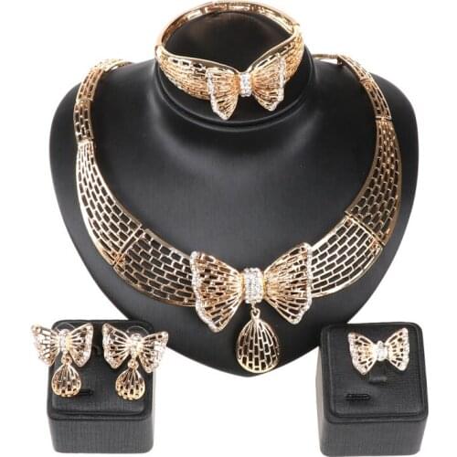 Fashion Gold Color Jewelry Sets For Women Crystal Butterfly Pendant Necklace Earrings Jewellery Set Bridal Wedding Accessories