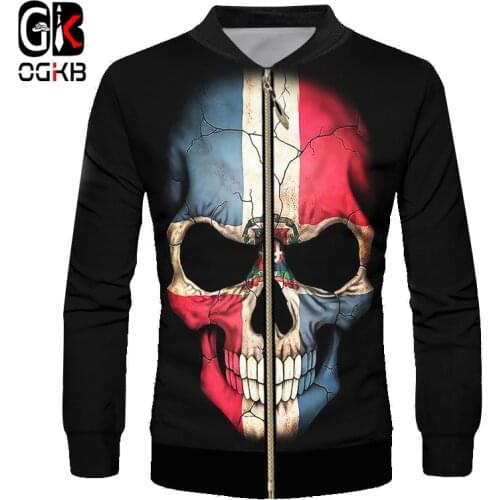 OGKB 3d Cool Printed Flag Skull Black Jacket Man/womens Windbreaker Unisex Classic Retro Hiphop Punk Harajuku Gothic Swearshirt