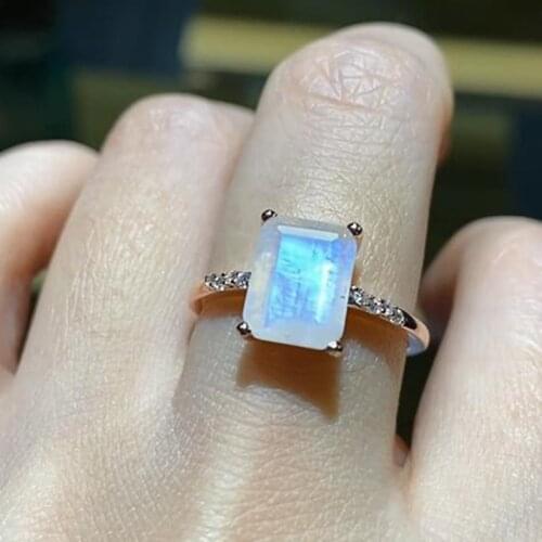 Hot Selling 925 Sterling Silver Rose Gold Plated Emerald Cut 7x9mm Natural Moonstone Ring Engagement Wedding Ring For Women