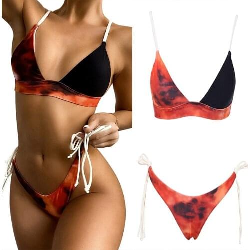 Hot kf-Womens Lace Bikini Swimsuit Side Lace 2-Piece Swimsuit Triple-Cornered Bikini Tops