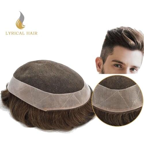 Mens Toupees 100%Human Hair Replacement System Breathable Lace Front Poly Around Hairpieces Transparent Lace Wigs Light Density