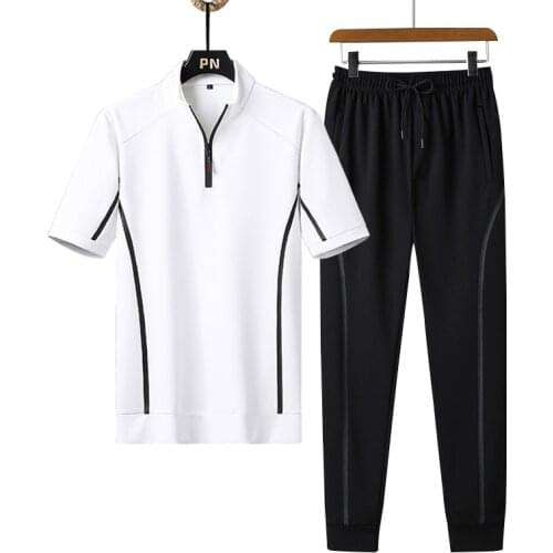 Mens Casual Sports Suit Mens Stand-up Collar Loose Breathable Short-sleeved T-shirt with Sports Trousers Two Piece Set Summer
