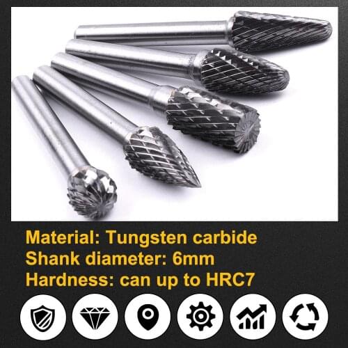 5 PCS 10mm Head Tungsten Carbide Rotary Point Burrs Grinder Bit With 6mm Shank HRC70 Milling Cutter Abrasive Tools