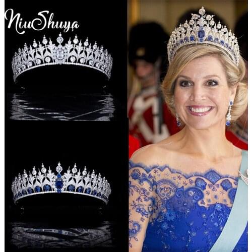 NiuShuya Spanish Royal Blue Bridal Crown Cubic Zirconia Princess Tiara Pageant Headpiece Wedding Party Prom Hair Jewelry
