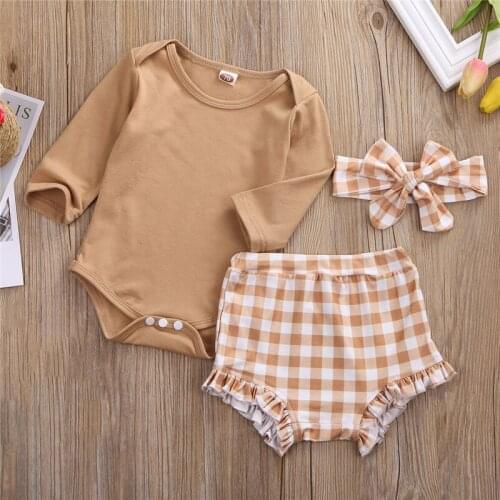 Newborn Toddler Baby Girls Clothes round neck long sleeve solid Bodysuit plaid Ruffle Shorts bow Headband 3pc lovely kids outfit
