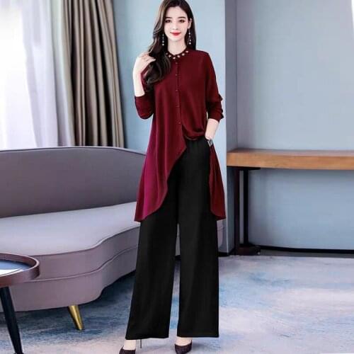 Fall Two Piece Women Outfits 2019 Autumn New Fashion WomenS Long Shirt Female Wide Leg Pants Suits Elegant Woman AA5009