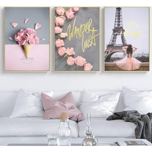 Pink Rose Ice Cream Little Girl Pictures Scandinavian Fashion Poster Nordic Canvas Print Modern Living Room Decoration