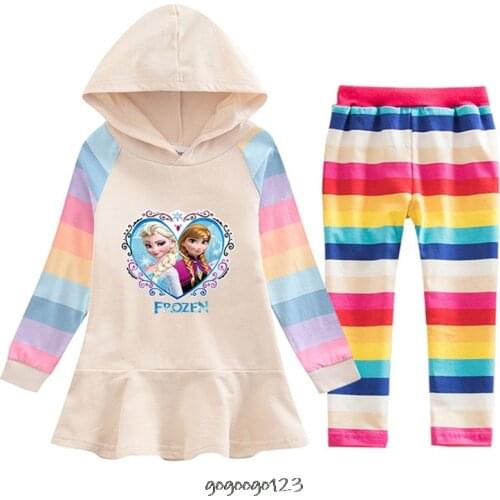 Disney Frozen Elsa Anna Girls Hooded Sweater Dress Hoodies Pullover 100% Cotton Casual Women Dress +Pants sets Gifts for Girls