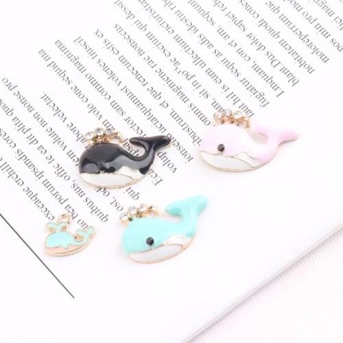 10pcs Cute Rhinestone Whale Enamel Charms Gold Color Alloy Ocean Pendants Fit Earrings Bracelet DIY Material Jewelry Accessories