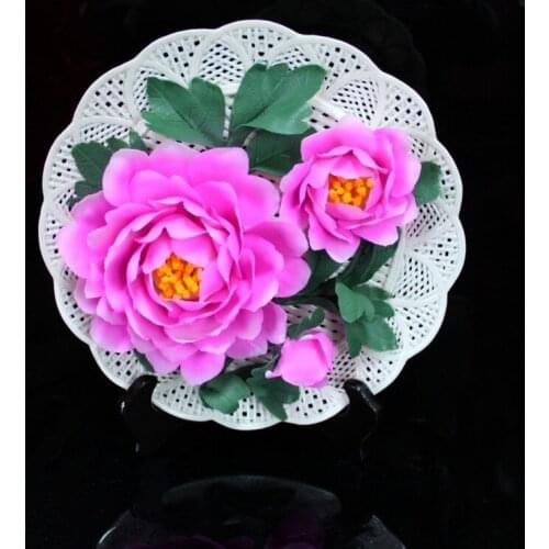 The pink peony flowers auspicious Dehua white ceramic hanging plate hollow art Home Furnishing gift ornaments