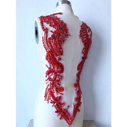 Hand made red sew on Rhinestones applique on mesh crystal patches trim 62*39cm for dress back