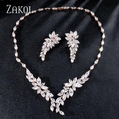 ZAKOL Top Quality Marquise Cut Cluster Shape Cubic Zirconia Earrings Necklace Leaf Jewelry Sets for Women Anniversary Jewelry