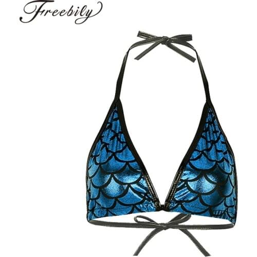 Women Shiny Metallic Mermaid Fish Scale Printed Halter Tie Up Bralette Sexy Tops Festival Rave Performance Pole Dance Costume