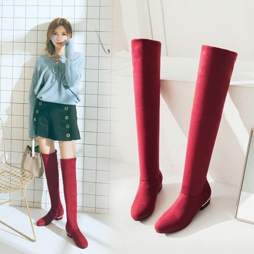 YMECHIC 2020 New Fashion Autumn Elasticity Stocking Knee High Boots Low Chunky Heels Red Black Long Ridding Boots Female Shoes