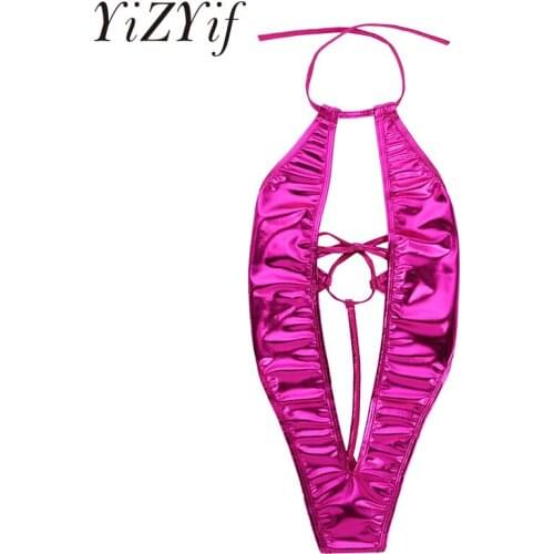 Women Lingerie Bodysuits Patent Leather One Piece Swimsuit Deep V-Halter Monokini Open Front Backless Babydoll Teddy Bodysuit