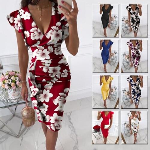 2021 Summer Ruffle Floral Printed Dresses For Women Elegantes Trendy Clothes V-neck Butterfly Sleeve Party Midi Dress Robe Femme