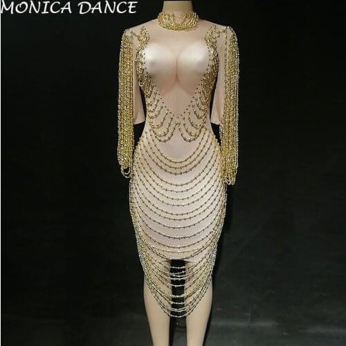 Women Sexy Stage Gold Chains Dress Evening Party Dress Birthday Celebrate Costume Singer Performance Beads Dance Dress