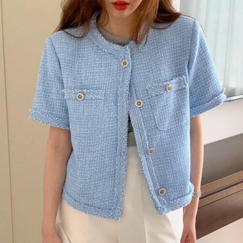 Chic South Korea Summer Round Neck with Unique Burr Design Single Breasted Loose Pocket Tweed Short Coat for Women