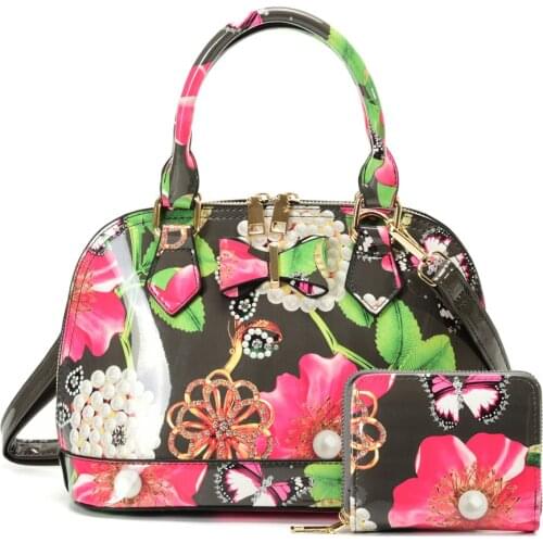 2021Two-Piece Suit Patent Leather Bright Surface Women Top-Handle Soild Pear Floral Frinting Handbag With Wallet/VK5628