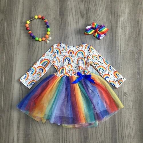 Girlymax Fall/winter Baby Girls Milk Silk Kids Clothing Rainbow Tutu Dress Long Sleeve Knee Length Match Accessories