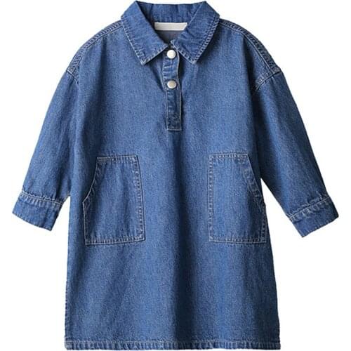Denim Skirt Girls Children Blue Casual Long-sleeved Comfortable Retro Cotton Dress