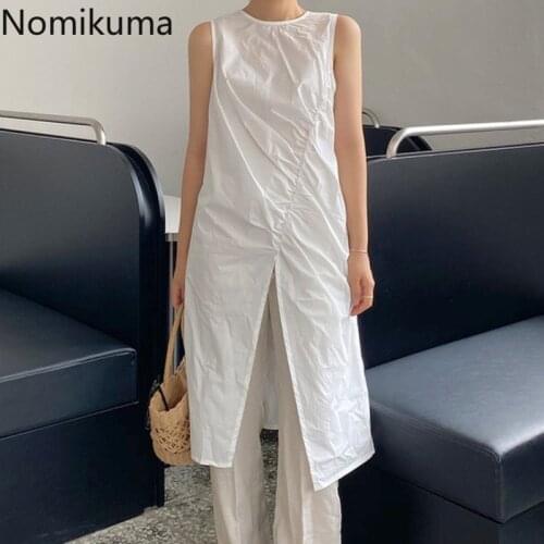 Nomikuma Elegant Folds Split Blouse Dress Korean Sleeveless O-neck Dresses 2021 Summer New Solid Slim Vestidos De Mujer 6J209