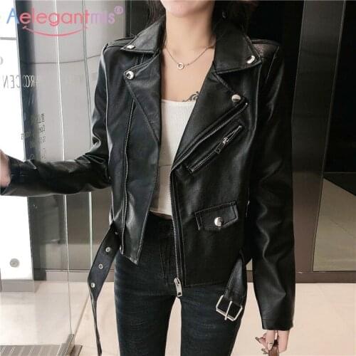 Aelegantmis Korean Casual Zipper Short Motorcycle PU Jacket Women Warm Chic Lace Up Faux Leather Jacket Female Black Streetwear