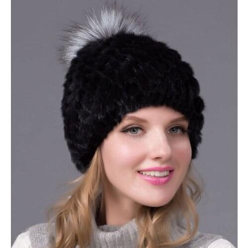 New Leather Natural Mink Fur Hat Female Winter Knitted Real Mink Fur Hat with Silver Fox Fur Ball Cotton Lining BZ-05