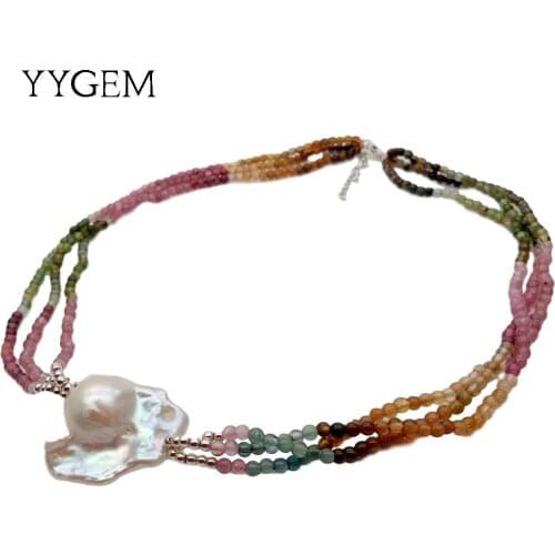 YYGEM 3 Strands Natural Multi Color Tourmaline Cultured Round White Keshi Pearl choker Necklace luxury style party for women