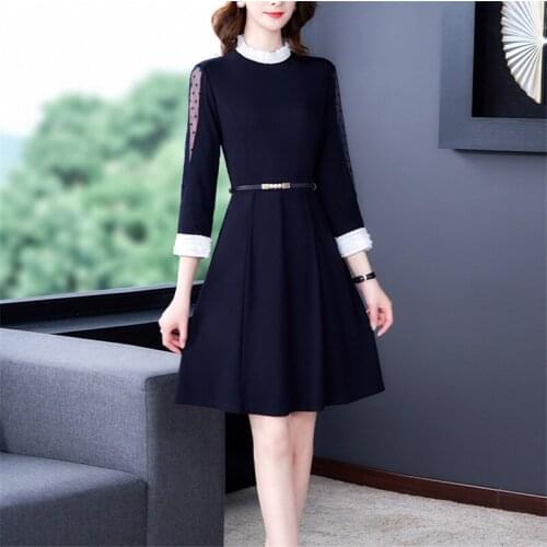 Chikichi Navy Blue Net Yarn Beaded Dress Women Spring and Autumn 2021 New Vintage Long Sleeves Midi Dress for Women