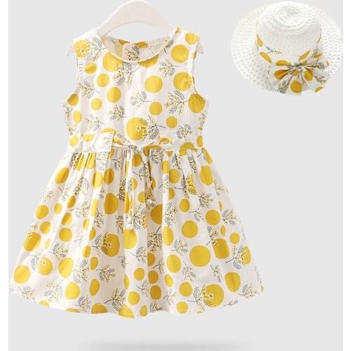Baby Girl Dress+Hat Set 2021 Kids Dresses Summer Cotton Sleeveles Yellow Pink Blue Floral Dress Birthday Party Princess Dress