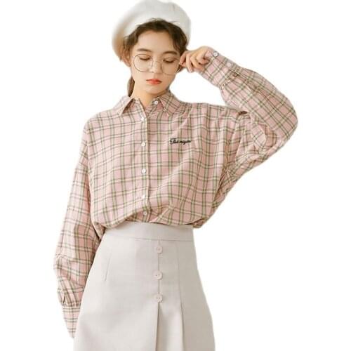 Checker Shirt Long Sleeve Shirt Spring 2020 New Loose Embroidery Literature and Art Retro Harbour Style Students'Top Tide