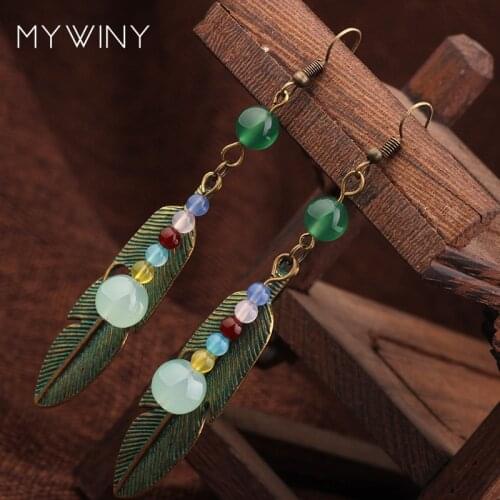 New Summer green feather shape dangle earrings, all nature stones vintage earrings Chinese Wind ethnic jewelry earrings