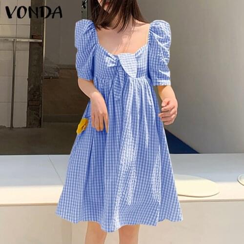 Vintage Checked Plaid Knee-Length Dress VONDA Women Casual Puff Sleeve Dresses Short Sleeve Pleated Bow Square Neck Vestidos