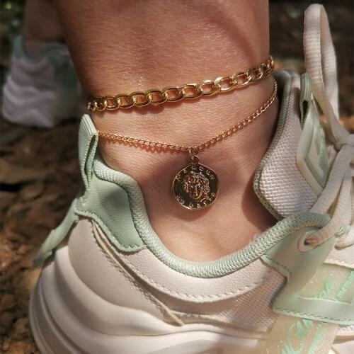 Vintage Bohemian Metal Anklet for Womens Twist Thick Chain Coin Beads Anklet Bracelet on Leg Beach Holiday Foot Jewelry
