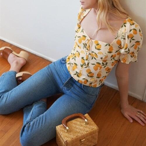 Square Collar Women Floral Blouse 2021 Spring Summer Slim Short Puff Sleeve Pleated Shirt and Top Sweet