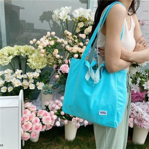 Korean Splicing Double-sided Bag Simple Lattice Shoulder Bag Student Women Leisure Canvas Bag Shopping Bag Tutorial Bags