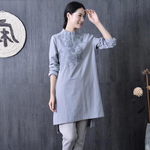 Cotton Women Shirts Temperament Stand-Up Collar Korean Style Embroidery Long Sleeve Blouses Loose Ladies Tops Blusas MM0859