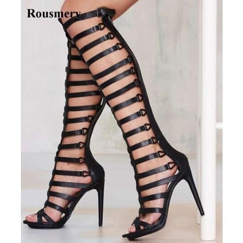 Women Fashion Design Open Toe Black Leather Knee High Strap Gladiator Boots Cut-out Thin High Heel Boots Dress Shoes