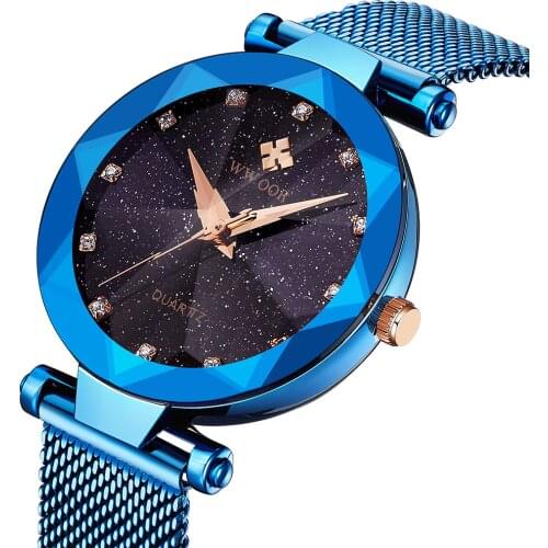2019 New Style Brand Wwoor Womens Watches Starry Unique Design Rhinestone Blue Ultra-thin Dial Rose Gold Ladies Quartz Watch