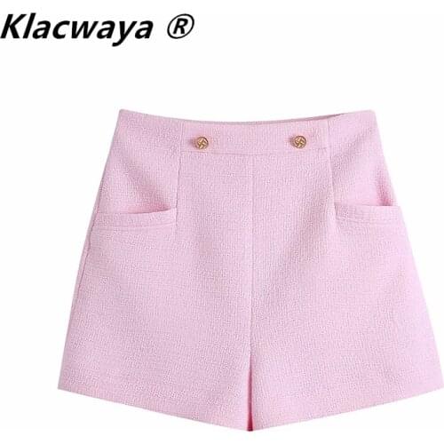Klacwaya Za Women Shorts New Pink Casual Summer High Waist Double Breasted Pocket Cultivate Tweed Texture Shorts Suit Suits