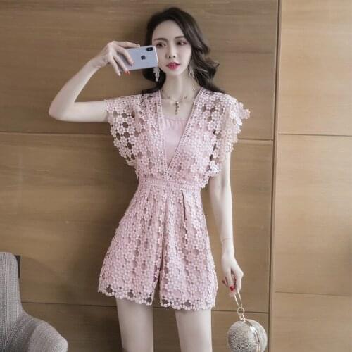New Chic Summer Lace Jumpsuits Shorts V Neck Celebrity Short Korean Overalls Female Playsuit Elegant Cute Jumpsuit 2019 DD2186