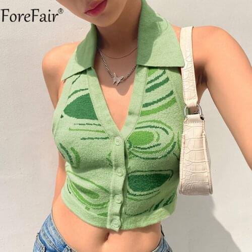 Forefair 2021 Summer Y2k Halter Neck Crop Top Knit Hollow Out Print Sleeveless Backless Green Women Sexy Tank Top Casual Club