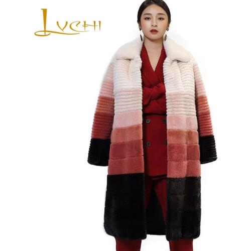 LVCHI Autumn&Winter Gradient Striped Velvet real fur mink coats women beautiful mink clothes OL polo collar fashion Outerwear