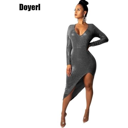 Women Winter Long Sleeve Black Sequin Dress Elegant Scoop Neck Sparkly Sexy Bodycon Midi Dress Club Party Asymmetrical Dress