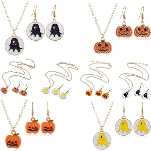 1Set Family Friends Kids Gifts Halloween Necklace Charm Pumpkin Skull Ghost Circle Pendant Charm Women Girls Chain Party Jewelry