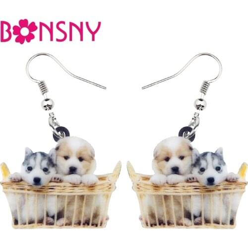 Bonsny Acrylic Basket Of Husky Shih Tzu Puppy Dog Earrings Dangle Drop New Novelty Cute Animal Jewelry For Women Girl Pet Lovers