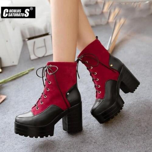 Cuculus Pu Martin Boots Thick High Heel Ankle Bootie Lace Up Platform Winter Fashion Women Shoes Black Red Yellow 1996