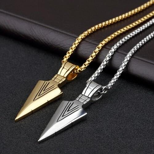 Long Necklace Mens 316L Stainless Steel Gold Tone Arrow Pendant Necklace Hip Hop Rock Mens Jewelry